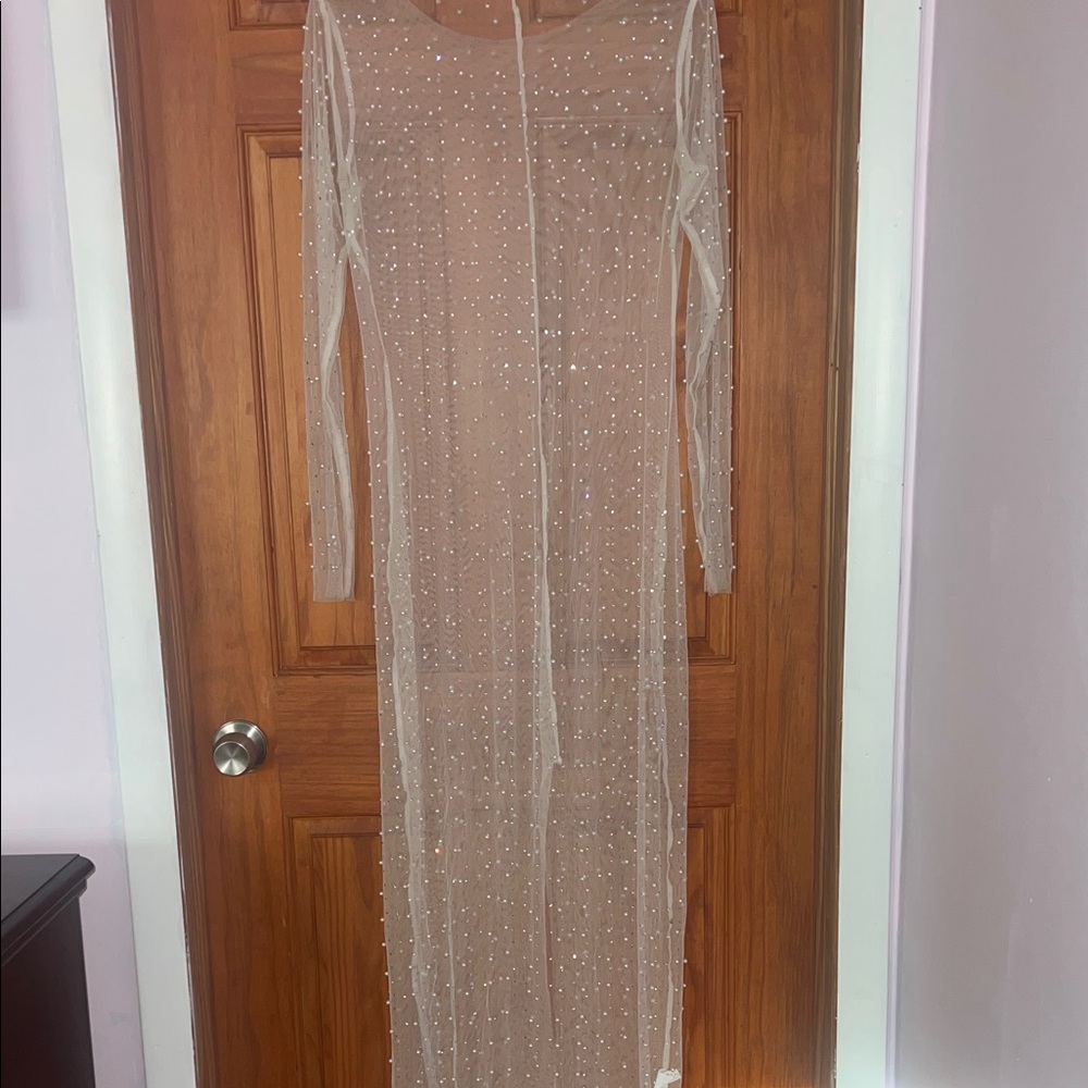 Sheer Long Sleeve Beaded Mesh Dress - Cream